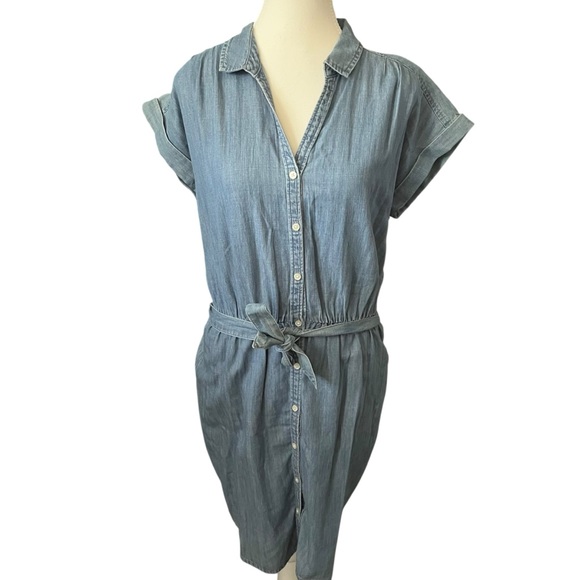 J. Crew Chambray Blue Belted Shirt Dress Mini Elastic Waist Button-down Sz XS - Picture 2 of 6